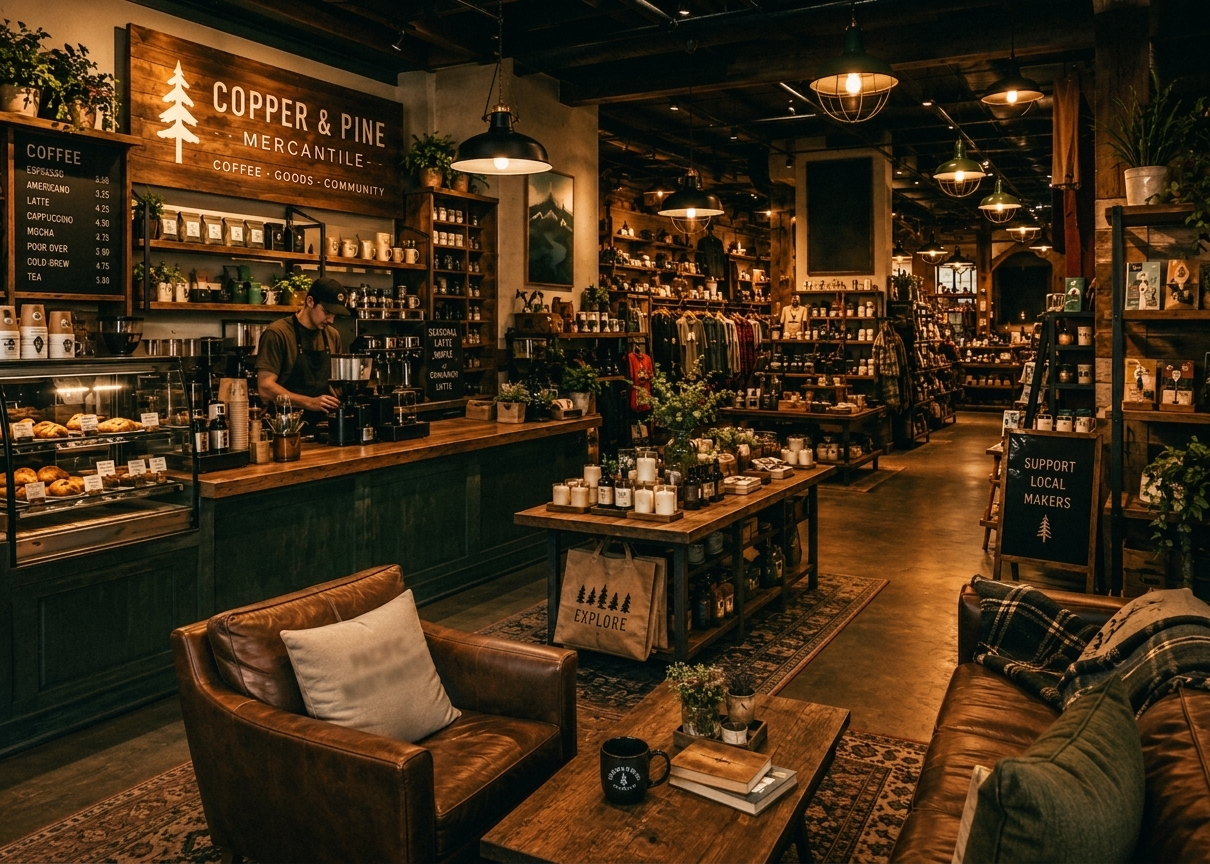 Inside the shop — walnut coffee bar, leather chairs, and shelves of goods under warm pendant lamplight