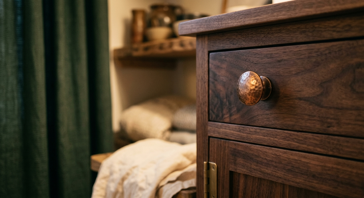 Brushed brass drawer-pull detail on dark walnut wood with warm reflective highlights