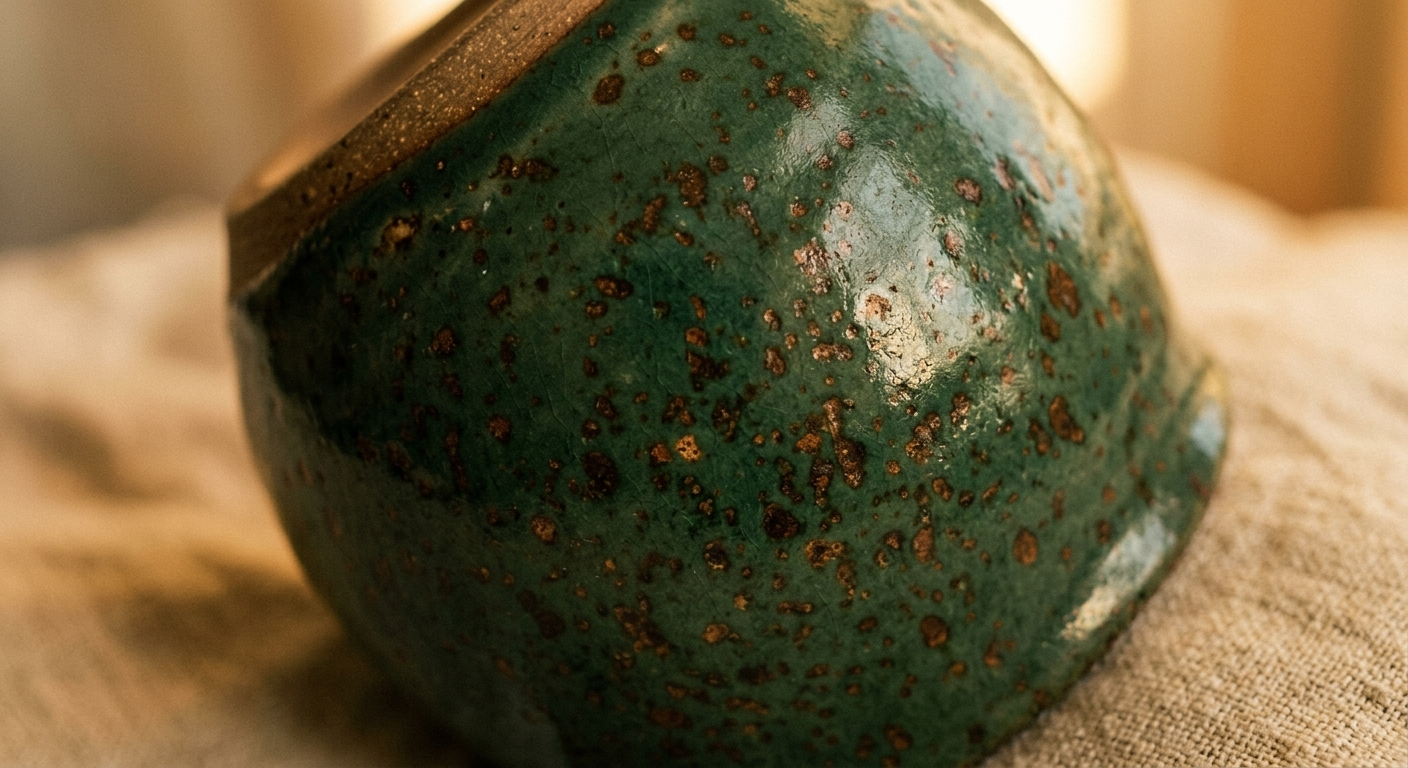 Extreme close-up of hand-thrown ceramic glaze — forest green with brown speckle