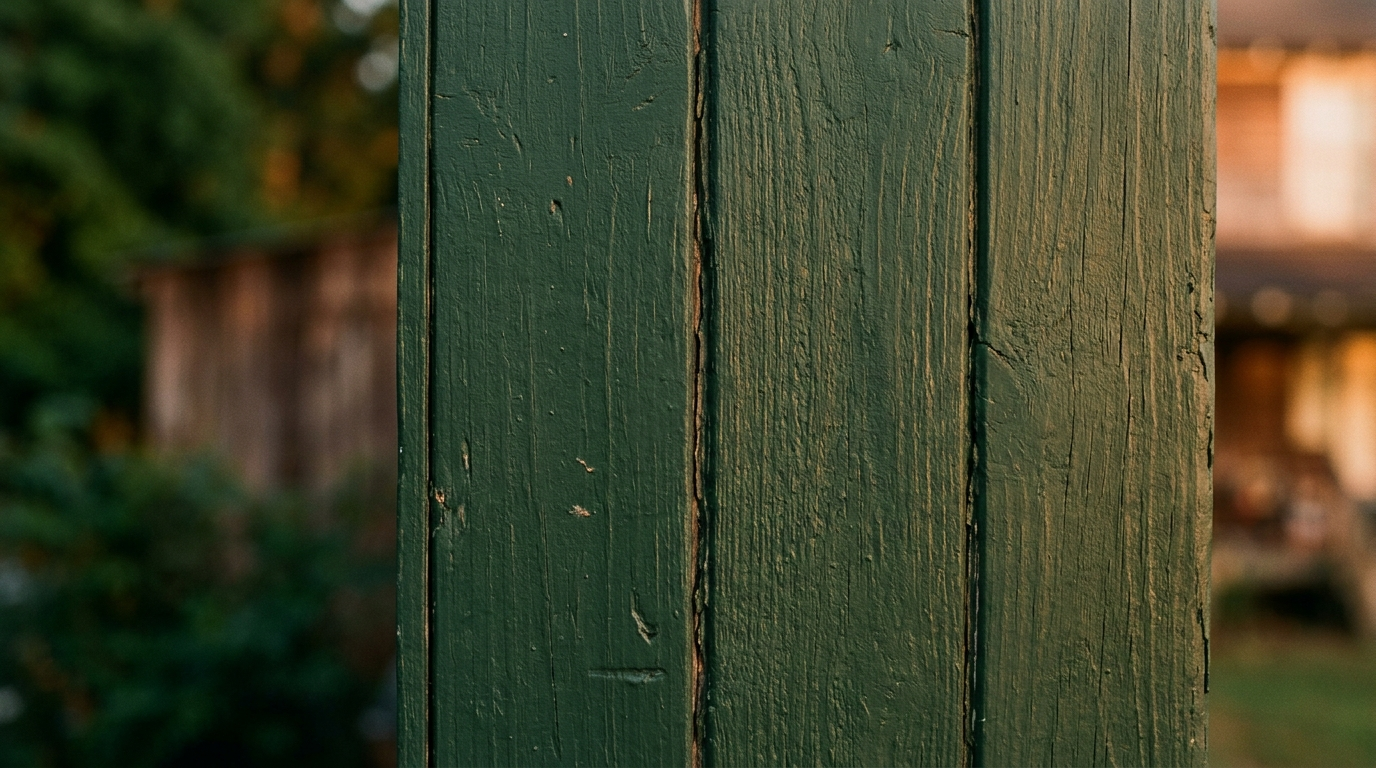 Close crop of the shop's deep forest-green painted wood siding in soft raking light