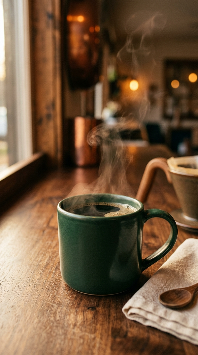Steam rising from a dark-roast pour-over in a deep-green ceramic mug on a walnut counter